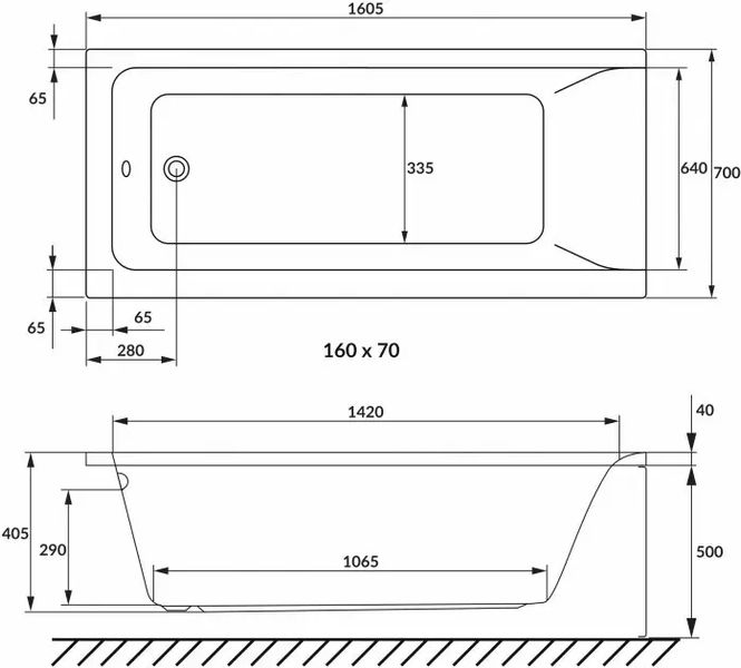 Ванна акрил. VOLLE SOLO 160*70*40,5 б/н, акрил 5мм 1210.001670 фото