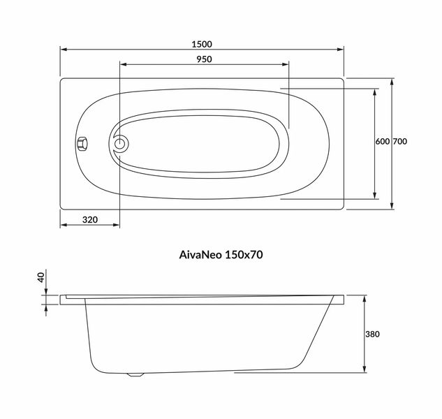 Ванна акрил. VOLLE AIVA 150*70 б/н, акрил 5 мм 1229.001570 фото