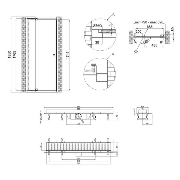 Набор Qtap дверь в нишу Pisces WHI208-9.CP5 79-92х185 см, стекло Pattern 5 мм + трап линейный Qtap Dry FB304-600 с сухим затвором и нержавеющей решеткой 600х73 мм QTDRYFB304600PISWHI2089CP5 фото