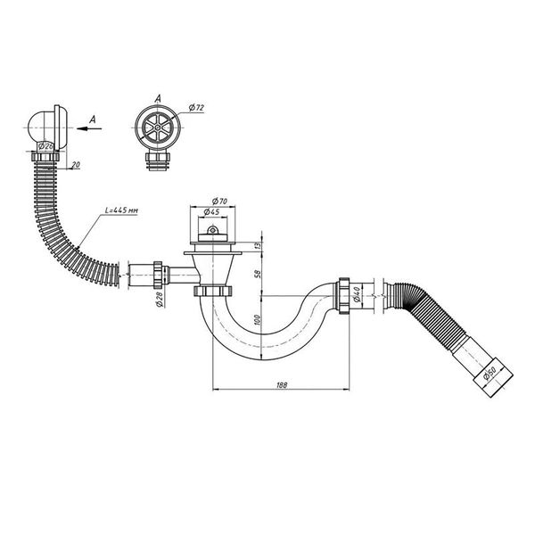 Сифон для ванны Polmark с выпуском 1 1/2" перелив и гофр 40x40/50 PM 40 SF 30 01, с цепочкой 80206 фото